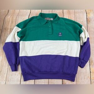 Vintage 80s Sporting Club Striped Henley Button Pullover Sweatshirt Size Medium